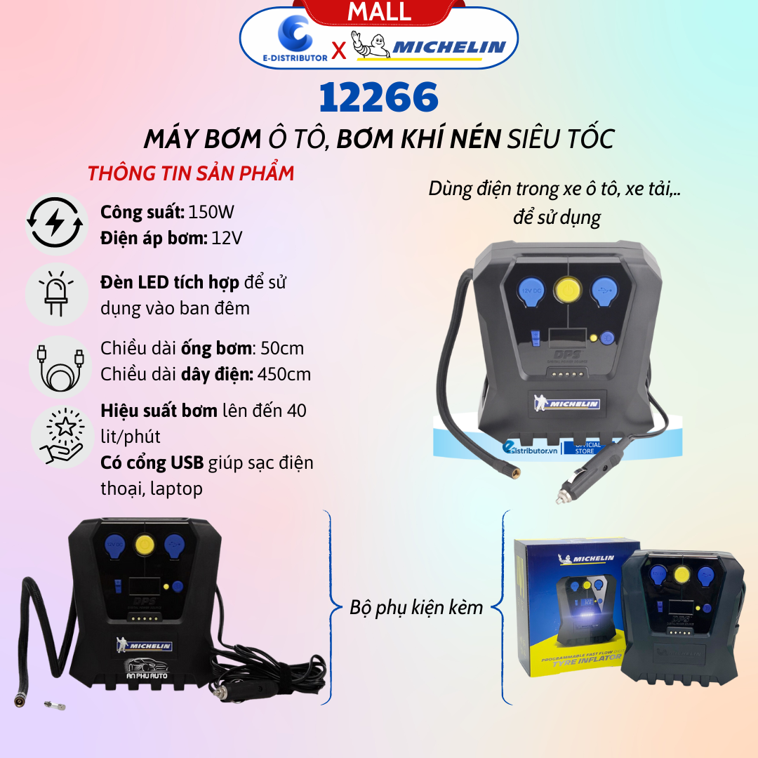 Máy Bơm Ô Tô, Xe Hơi Đa Năng Michelin 12266 (150w) - Hàng Chính Hãng - Bảo Hành 6 Tháng