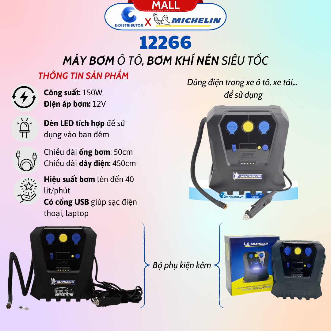 Máy Bơm Ô Tô, Xe Hơi Đa Năng Michelin 12266 (150w) - 5818 (180w) - 12314 (360w) - 12316 (220w) - Hàng Chính Hãng - Bảo Hành 6 Tháng