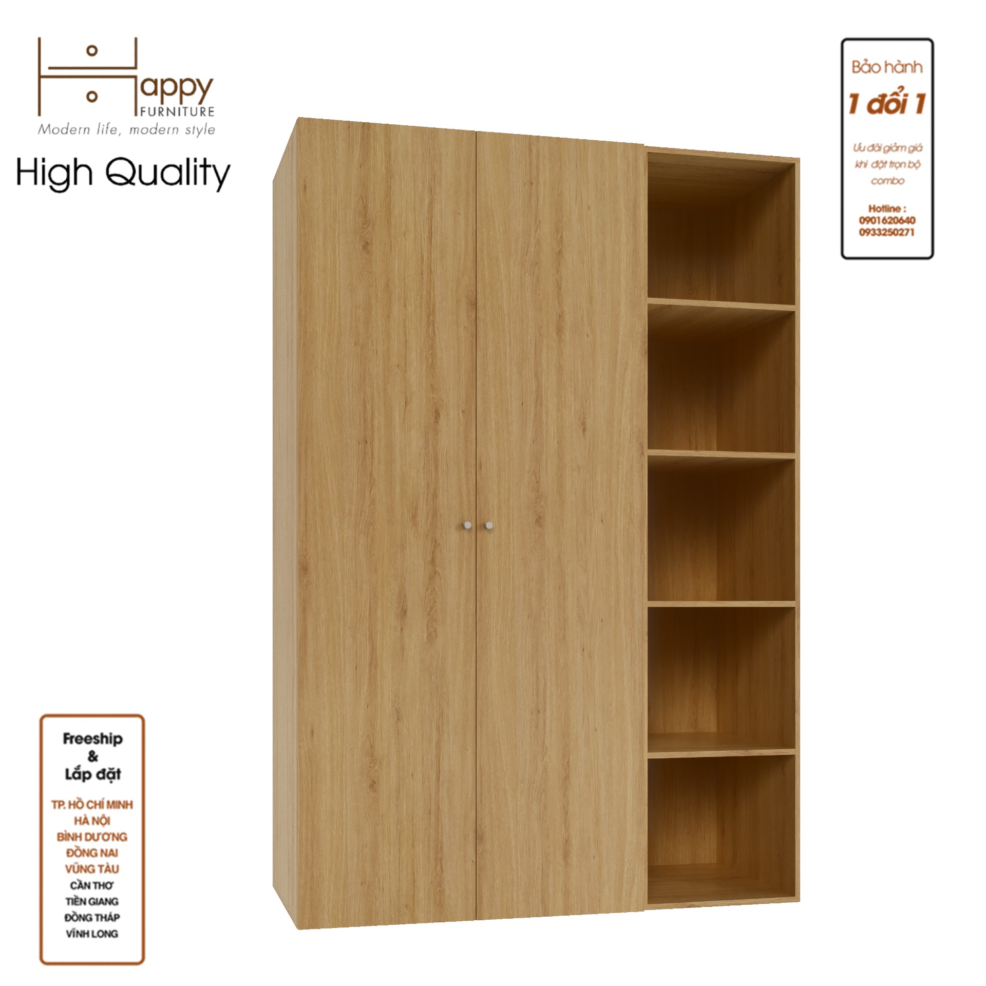SCANDINA, Tủ quần áo 2 cánh mở kết hợp kệ , 150cm x 55cm x 220cm , TCM_098
