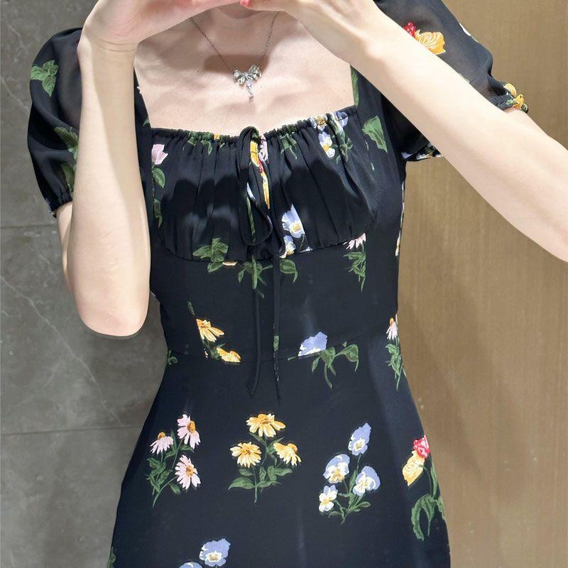 DONGSHOP Pháp Vintage vuông cổ in tay áo ngắn đuôi cá đầm nữ tính siêu tiên váy dài màu đen hoa chiffon đầm
