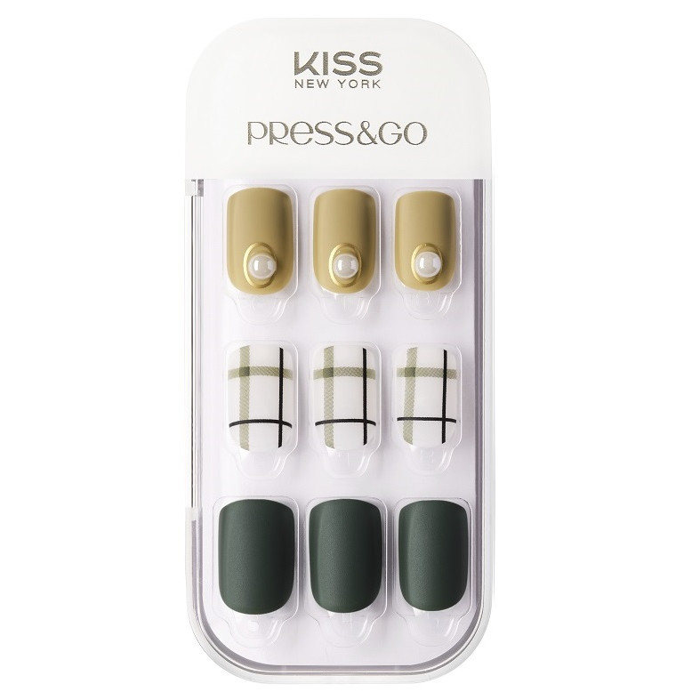 Bộ 30 Móng Tay Gel Tự Dán Press &amp; Go Kiss New York Nail Box - Olive Check (KPNA21KA)