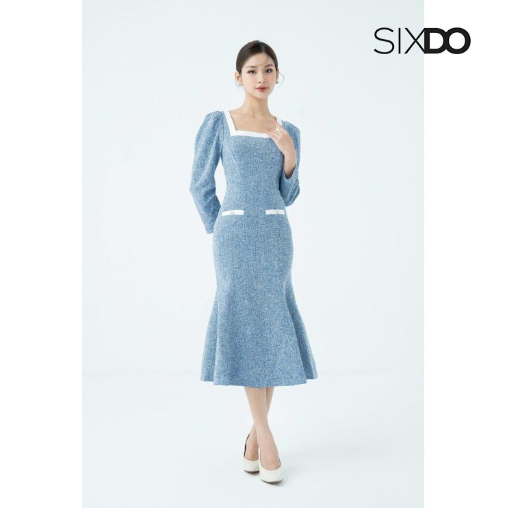 Đầm midi tweed cổ vuông phối viền trắng SIXDO