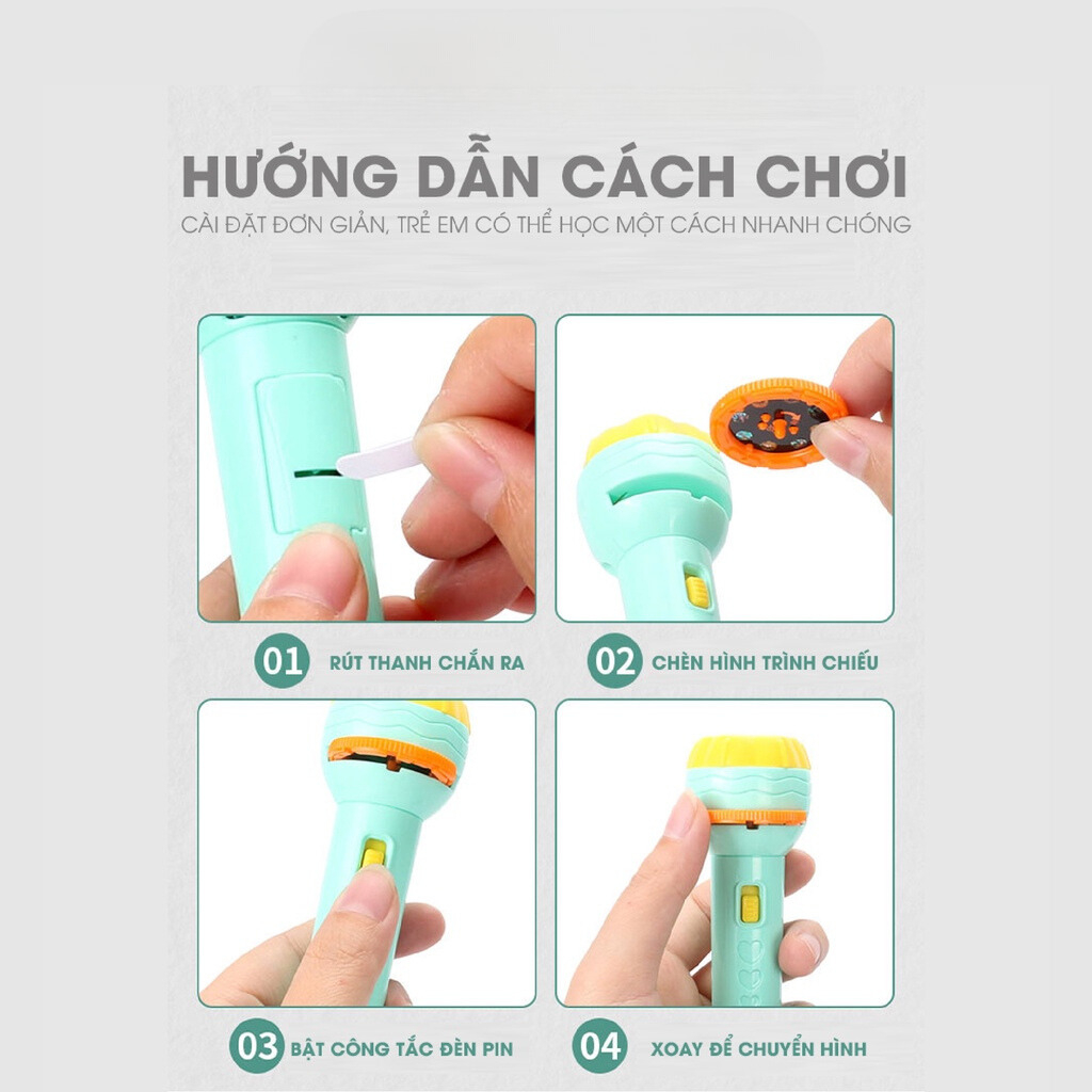 Đèn pin chiếu hình Pikaboo 24 hình ngộ nghĩnh đáng yêu gồm hình động vật siêu nhân hoa quả gần gũi cho bé yêu