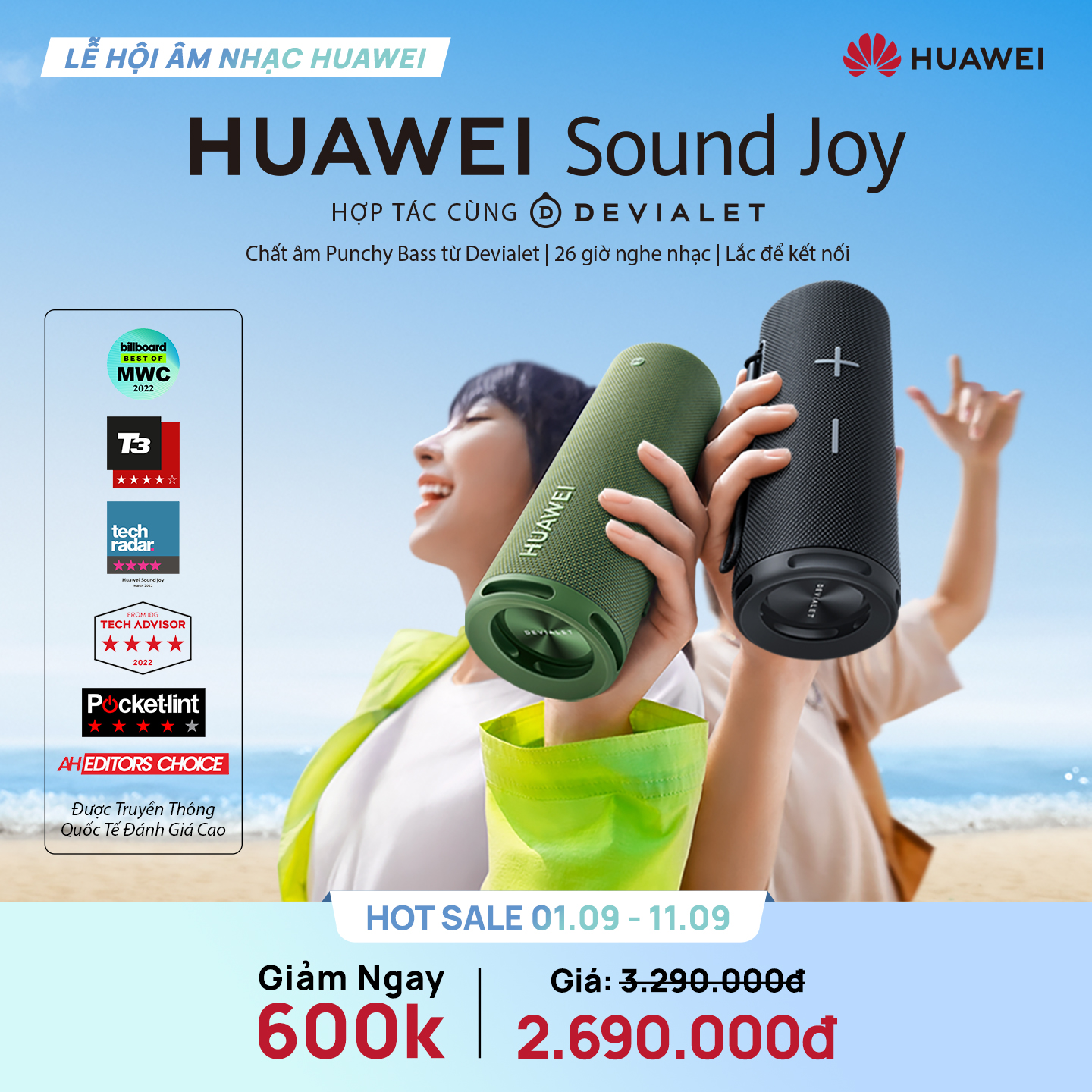 Loa di động HUAWEI Sound Joy | Chất âm Punchy Bass từ Devialet | 26 giờ nghe nhạc | Lắc để kết nối |  Hàng Chính Hãng