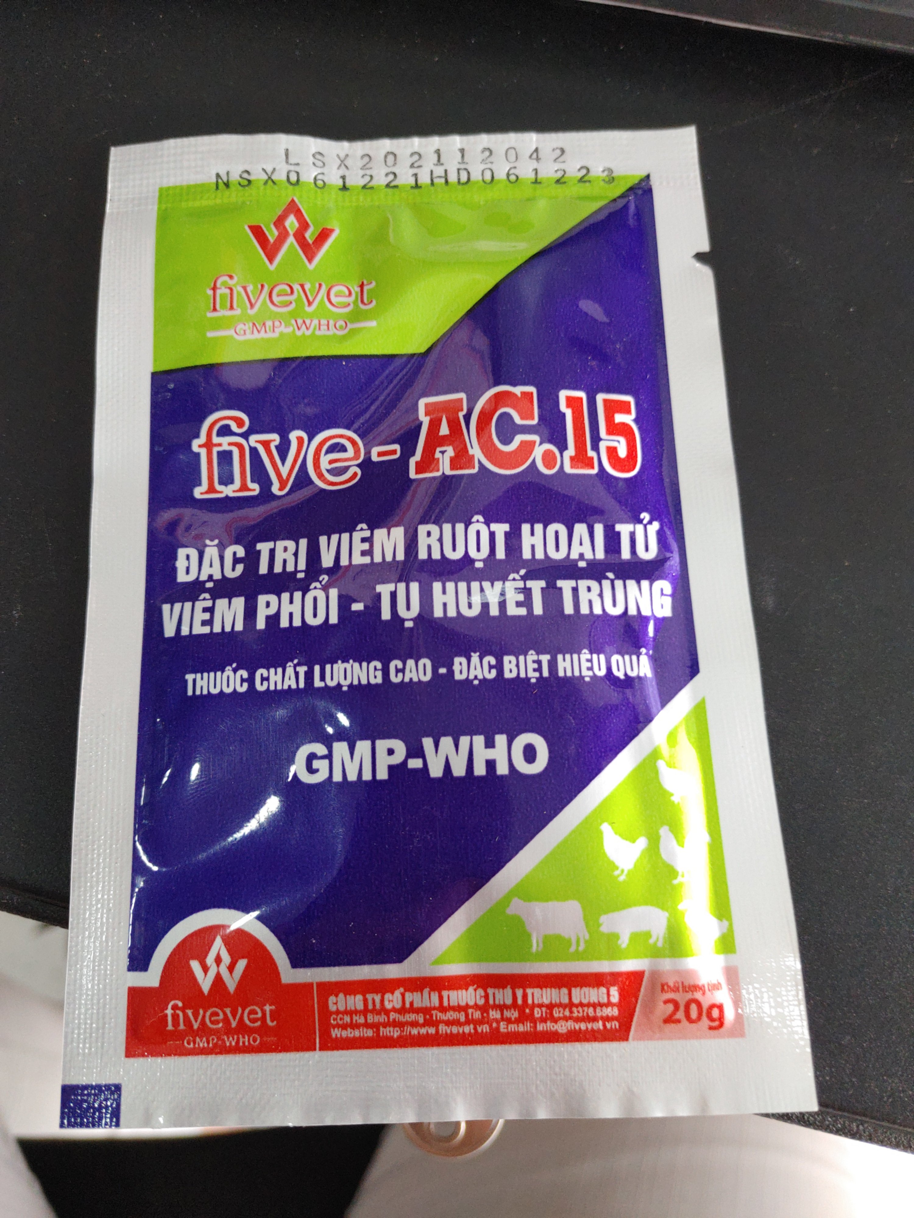 Five AC.15 đặc trị viêm ruột hoại tử  Viêm phổi, tụ huyết trùng Gia súc tiêu chảy nặng, đầy bụng, chướng hơi
