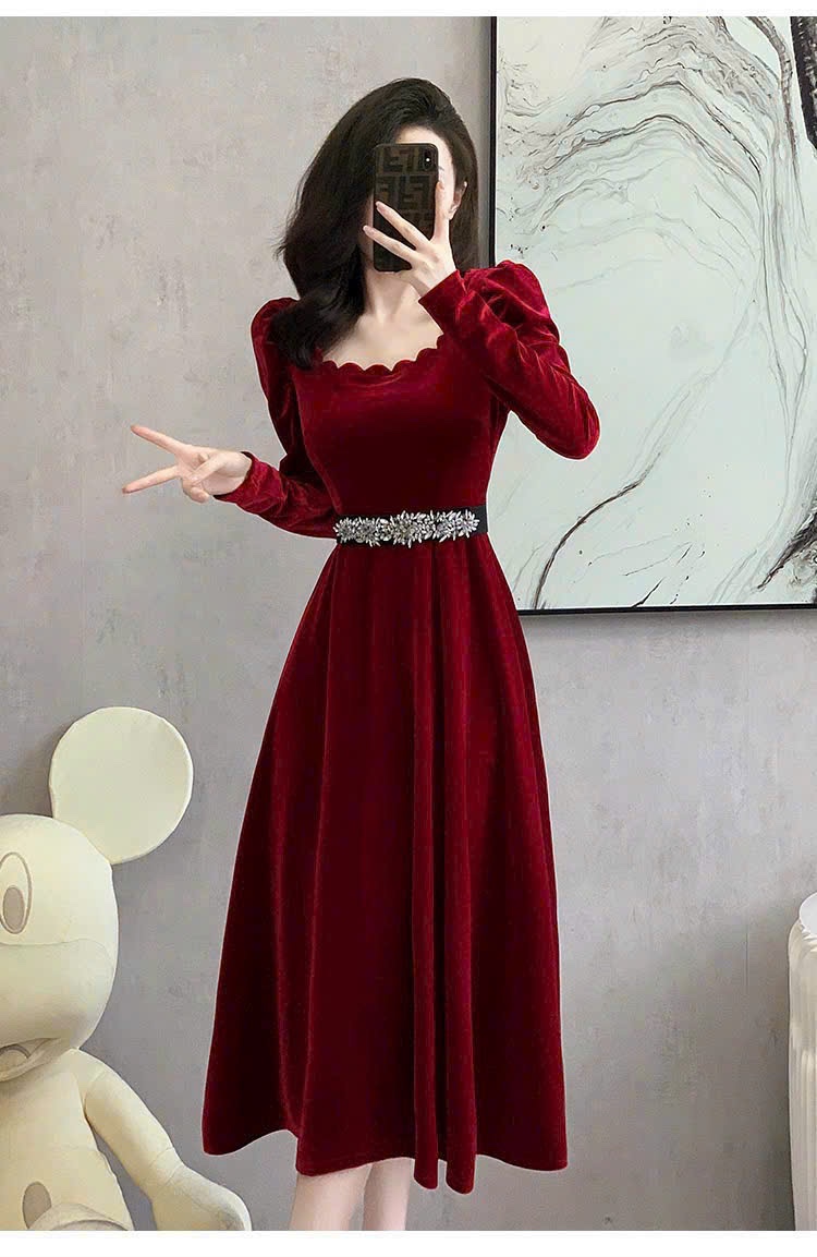 ĐẦM NHUNG DÁNG DÀI KÈM NỊT ĐÁ CAO CẤP D3601 HÀNG NHẬP