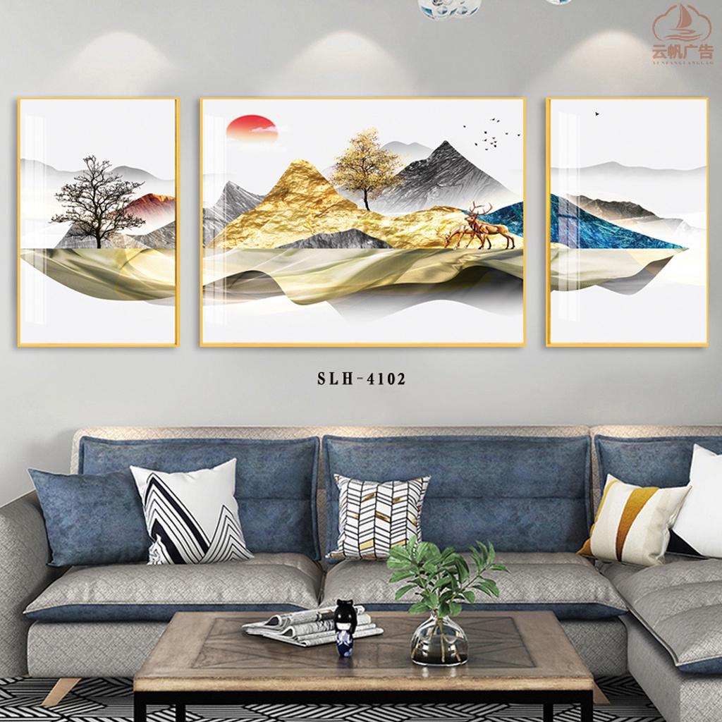Tranh Tráng Gương Cao Cấp Treo Tường Trang Trí - Tranh Bộ 3 Đôi Hươu Dưới Núi