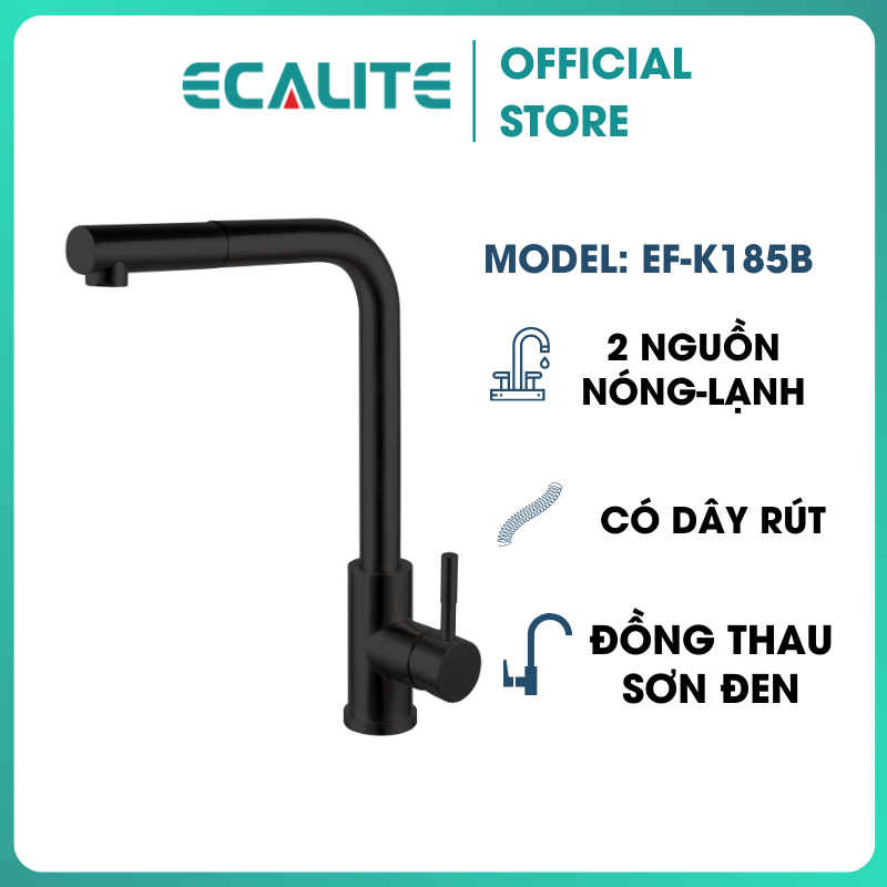 Vòi Rửa Chén Nóng Lạnh Pull-down Ecalite EF-K185B - Có Dây Rút - Đồng Thau Sơn Đen Cực Đẹp - Hàng Chính Hãng