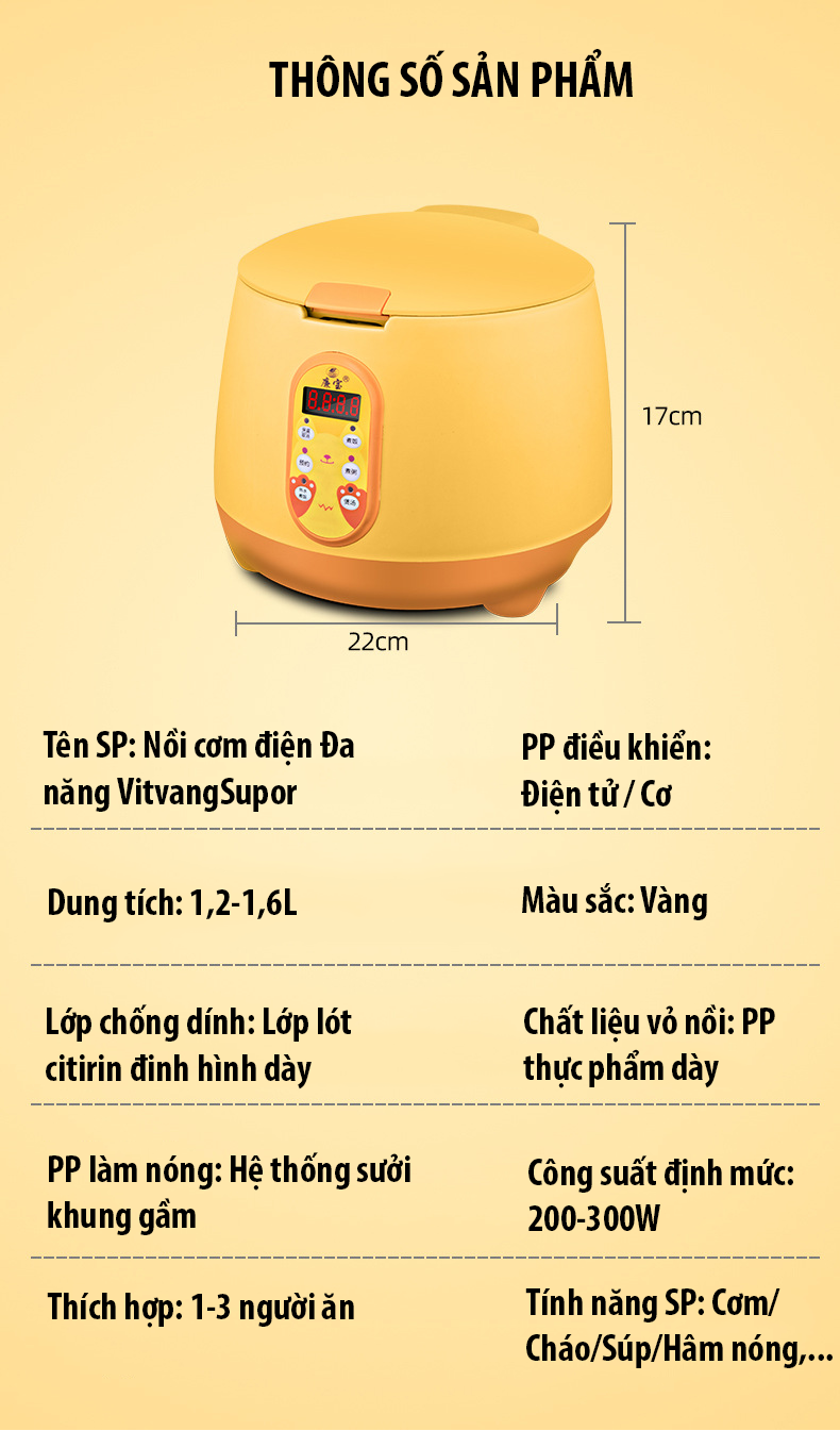 Nồi cơm điện nắp gài 1.2L VITVANG (CFXB12) Lòng nồi chống dính - kiểu dáng Hàn Quốc