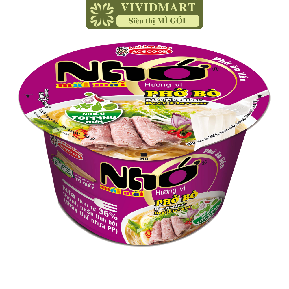 ACECOOK - Phở tô Nhớ Mãi Mãi hương vị Bò, Tô Nhớ Mãi Mãi phở bò, Phở Nhớ ăn liền (74g/tô)