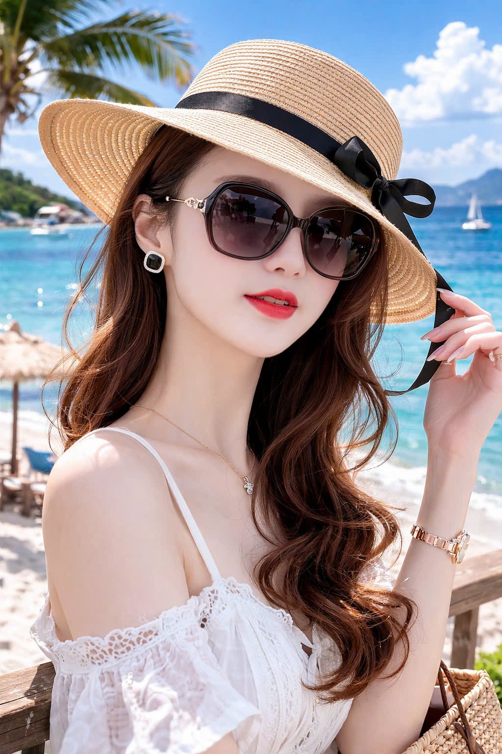 Mũ rộng vành đi biển chất liệu cói thoáng mát nón rộng vành chống nắng UV đai nơ đen cho nữ mẫu mới