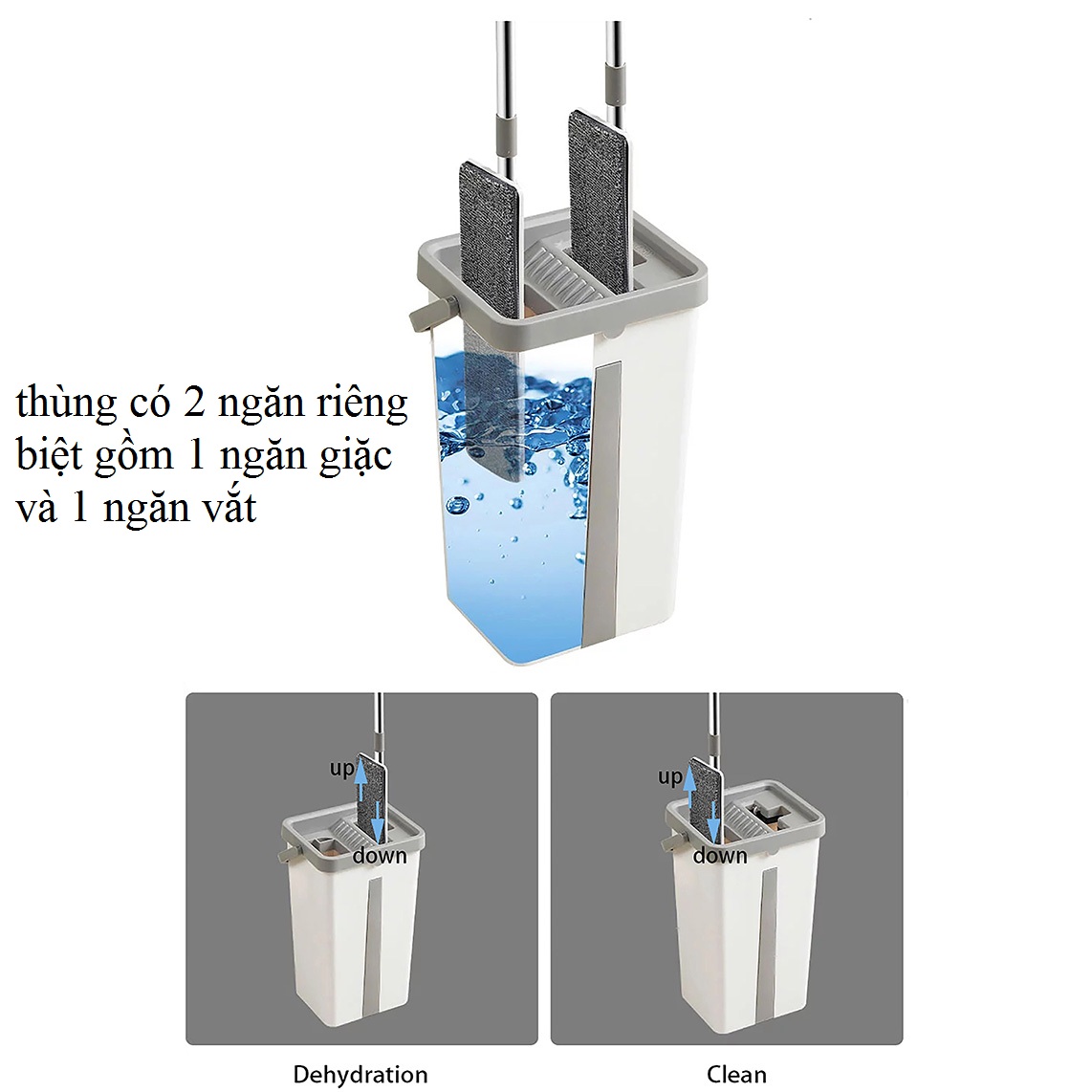 Cây lau nhà tự vắt thông minh 360 độ 2 ngăn TAKORA Bộ chỗi lau nhà chính hãng, tự tách nước bẩn, nhựa PP mới 100% rất dẻo rất bền sử dụng cho gia đình hoặc cho công nghiệp