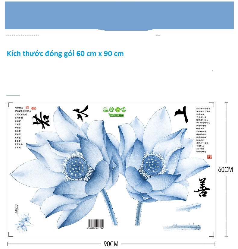 Decal dán tường hoa sen xanh dương size lớn sang trọng