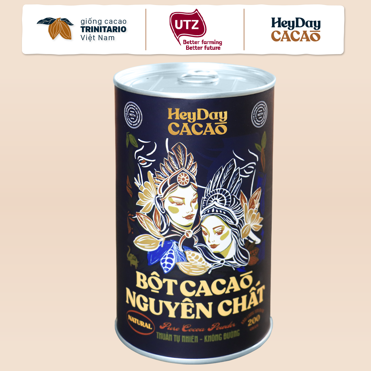 Bột Cacao Nguyên Chất 100% - Dòng Natural Không Kiềm Hóa - Lon 200g -  Bộ sản phẩm cacao &quot;Thật&quot; Heydaycacao