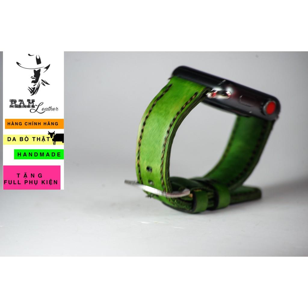 Dây đồng hồ da bò vegtan xanh lá handmade - RAM classic 1973 - da bò thật