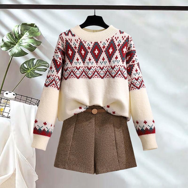Hàng Sẵn_ Áo len nữ dệt kim cổ tròn in họa tiết Hadu shop