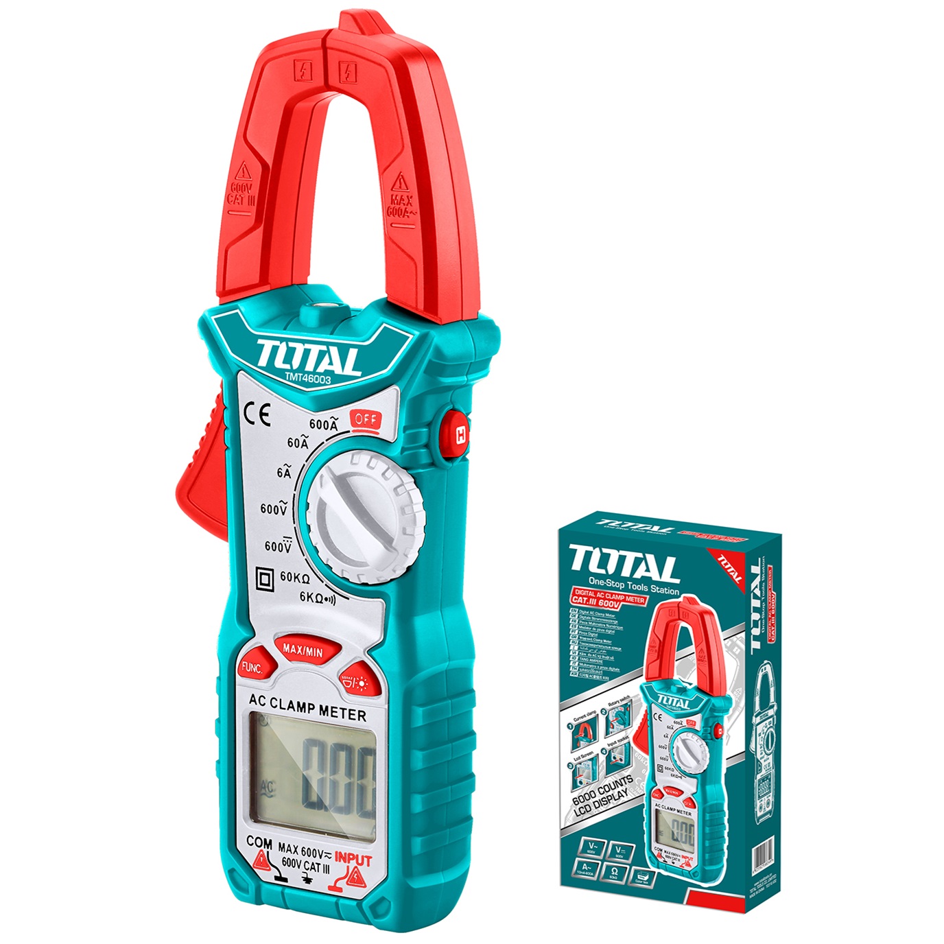 Ampe kềm đo điện AC kỹ thuật số TOTAL TMT46003 - Kèm túi dựng, Ampe kìm, độ chính xác cao, màn hình LCD 6000 số đếm, có đèn nền ban đêm, có kèm pin