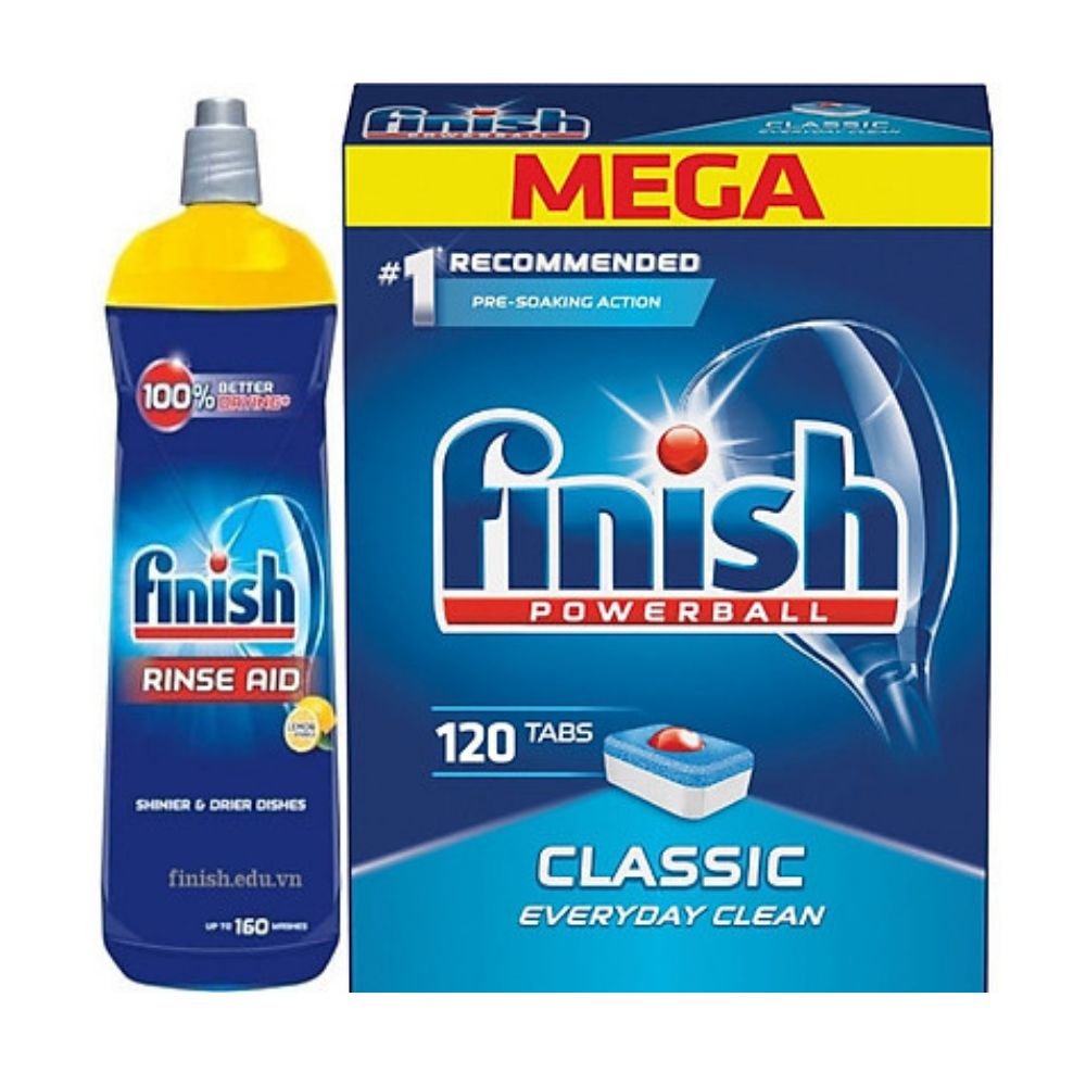 Viên rửa bát Finish 120 viên + Nước làm bóng Finish 800ml dùng cho Máy rửa bát