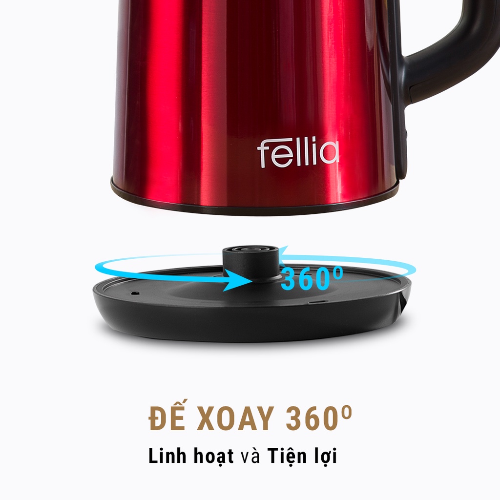 Ấm đun siêu tốc 3 lớp Fellia K161 (1.8 Lít) màu đỏ đô-hàng chính hãng