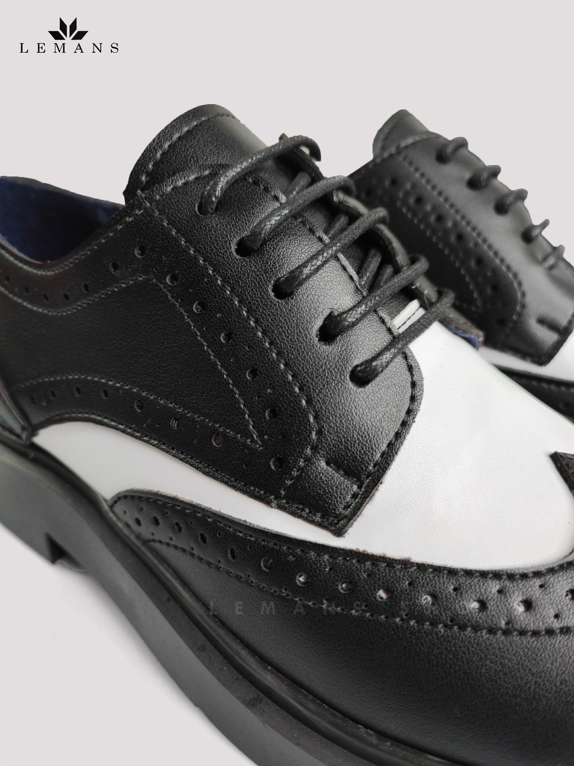 Giày da bò Derby Wingtip LEMANS Black White, đế tăng cao lemans 4cm Bảo Hành 24 Tháng, thiết kế độc quyền