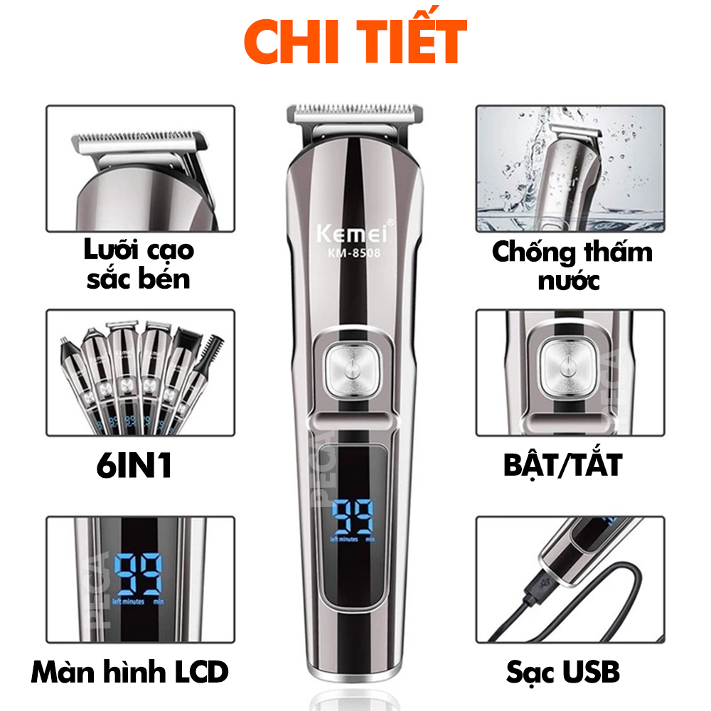 Tông đơ cắt tóc đa năng 11in1 Kemei KM-8508 nhiều đầu thay thế dùng cắt tóc, chấn viền, cạo râu, cạo lông, tỉa lông mũi, cạo chân mày,...có màn hình LED hiển thị điều chỉnh 2 mức tốc độ sạc nhanh 2h