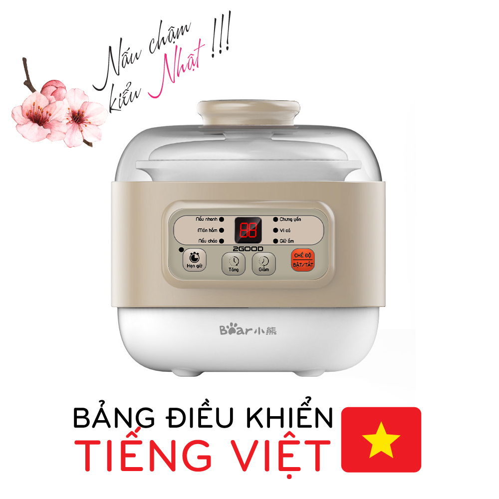 Nồi hầm cháo, chưng yến, tiềm gà cao cấp 2Good Bear A08 (bảng điều khiển cảm ứng, chống trào, cạn nước tự động tắt) - Hàng Chính Hãng