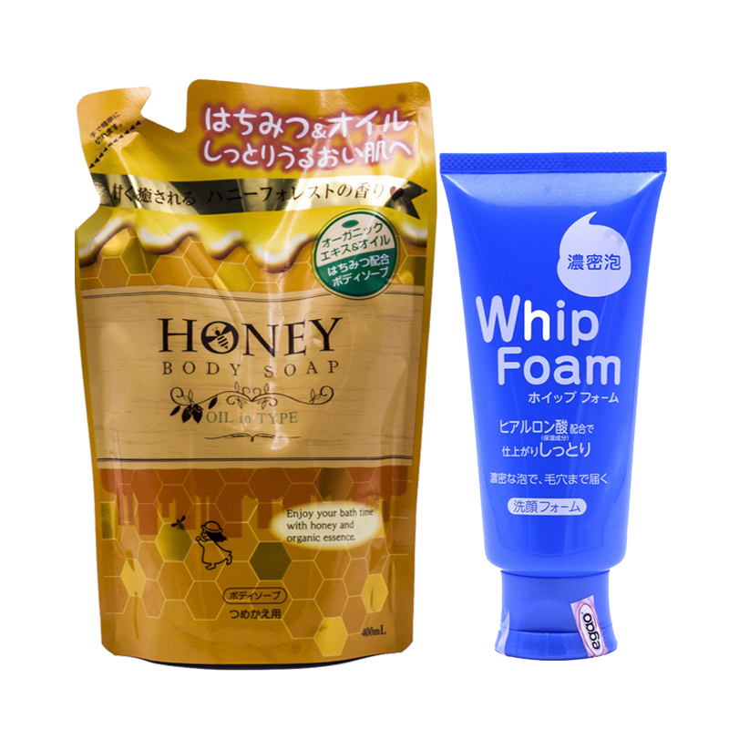 Combo 1 Túi Sữa Tắm Trắng Da Dưỡng Ẩm Mềm Mịn Mật Ong Nhật Bản HONEY OIL 450ML + 1 Sữa Rửa Mặt Trắng Da Tạo Bọt Nhật Bản Amika Whip Foam 120G