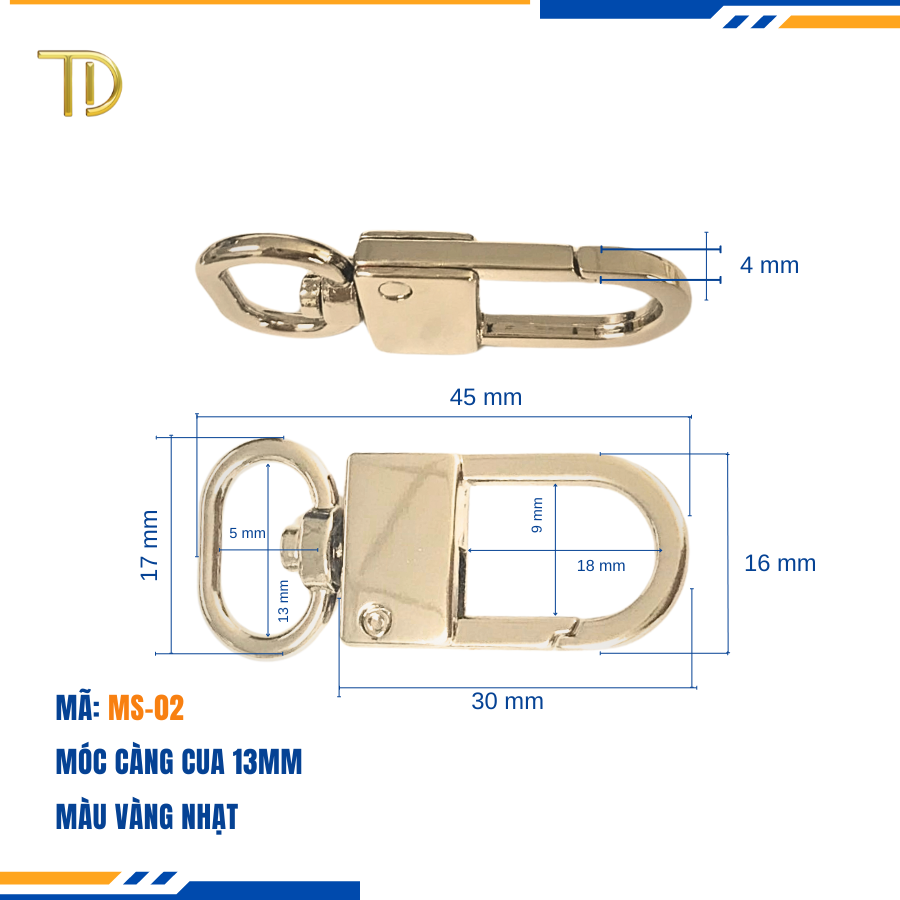 Móc càng cua túi xách, móc khóa càng cua túi xách, móc chó túi xách 13mm Mạ điện độ bền 5-8 năm