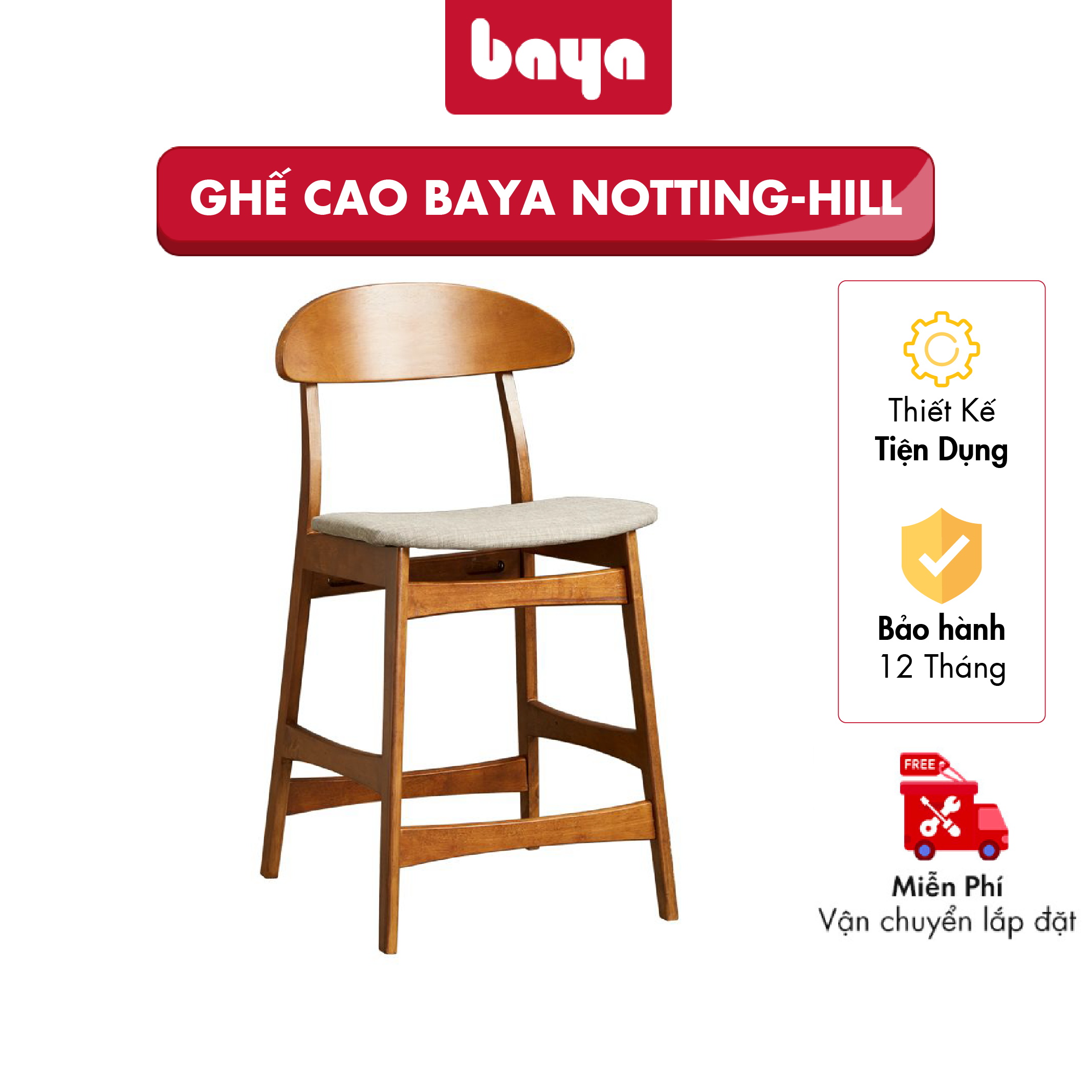 Ghế Tựa Lưng Cao BAYA NOTTING HILL Kiểu Dáng Hiện Đại Trẻ Trung Chất Liệu Gỗ Cao Su Tự Nhiên Bền Chắc, Mặt Ghế Được Bọc Vải Mềm Mại 2000373