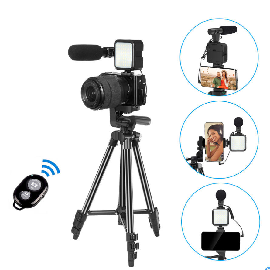 Chân tripod có kẹp, điều khiển, đèn LED, micro cho điện thoại chụp ảnh, quay video