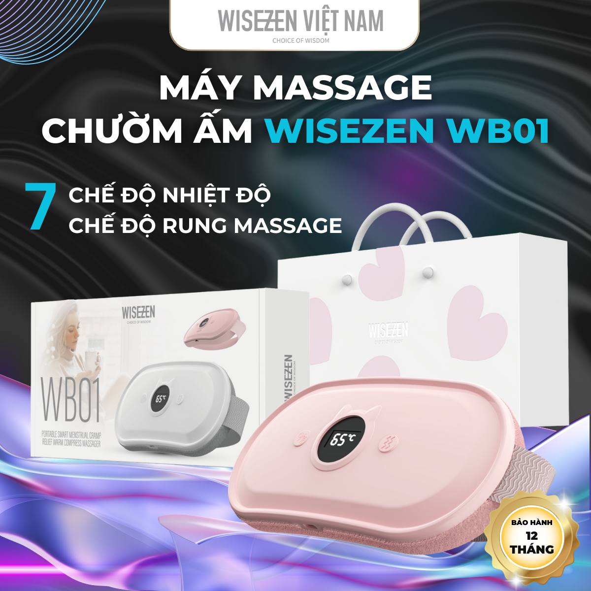 Máy massage chườm ấm WISEZEN WB01 – Điều chỉnh nhiệt độ 35-65℃, 7 chế độ rung, giảm đau bụng kinh hiệu quả