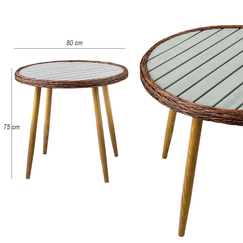 Bàn cafe sân vườn mặt gỗ nhựa tròn 800 TE2043-80S Nội thất Capta Bàn sân vườn mặt bàn gỗ nhựa chân sắt sơn tĩnh điện vân gỗ tại tp hcm