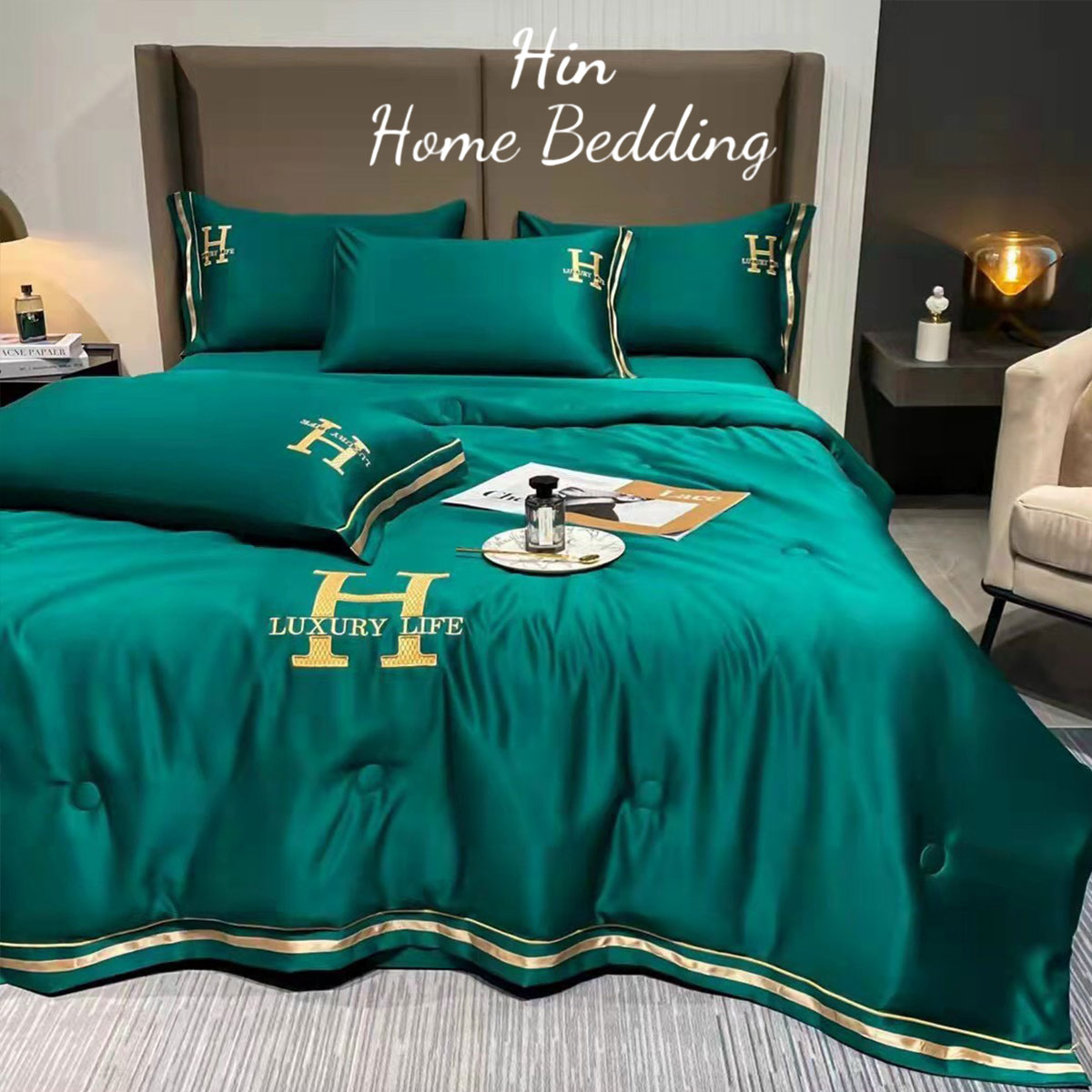 Bộ Chăn Ga Gối Đệm 5 Món Chăn Phao Lụa Thái Hin Home Bedding Drap Giường Lụa Mẫu Xanh Lá