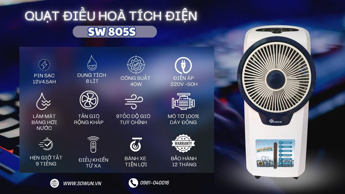 Quạt điều hòa tích điện Sowun SW 805S - Hàng chính hãng