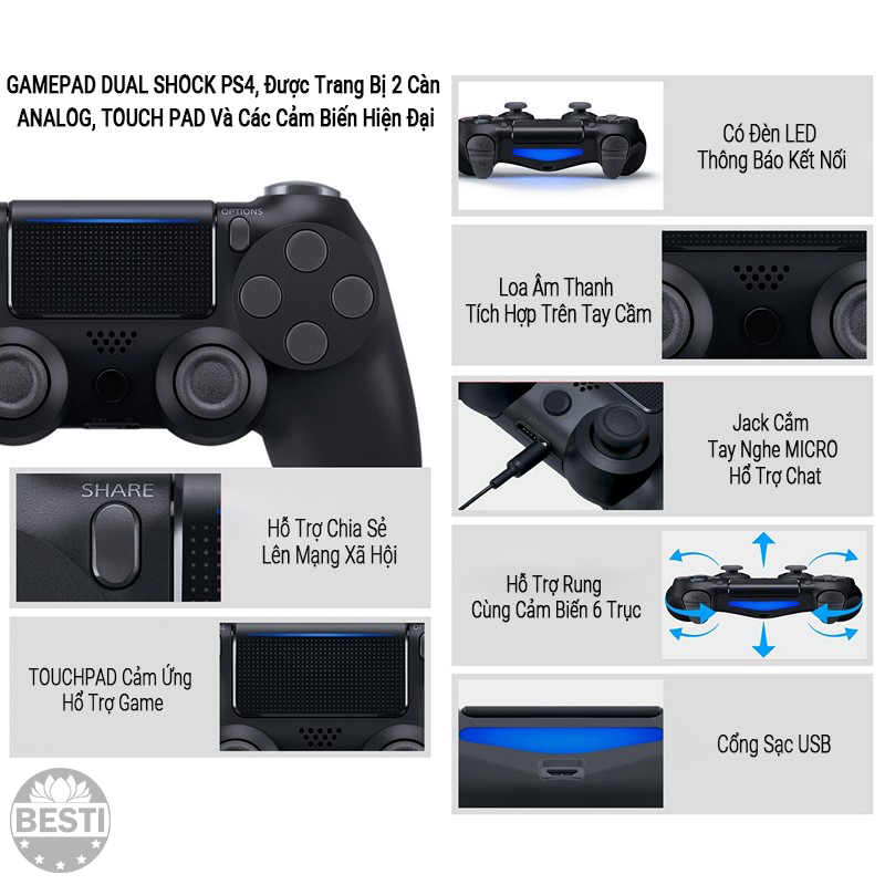 Gamepad Không Dây Bluetooth Ps/4 Black Besti BTY01 Cho Máy Tính - Điện Thoại - Máy Game Console Ps/4- Hàng Chính Hãng