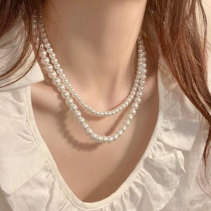 N398 vòng cổ hạt Trai, dây chuyền hạt bẹt dây chuyền mang áo dài choker 2 sợi ngắn cho nữ