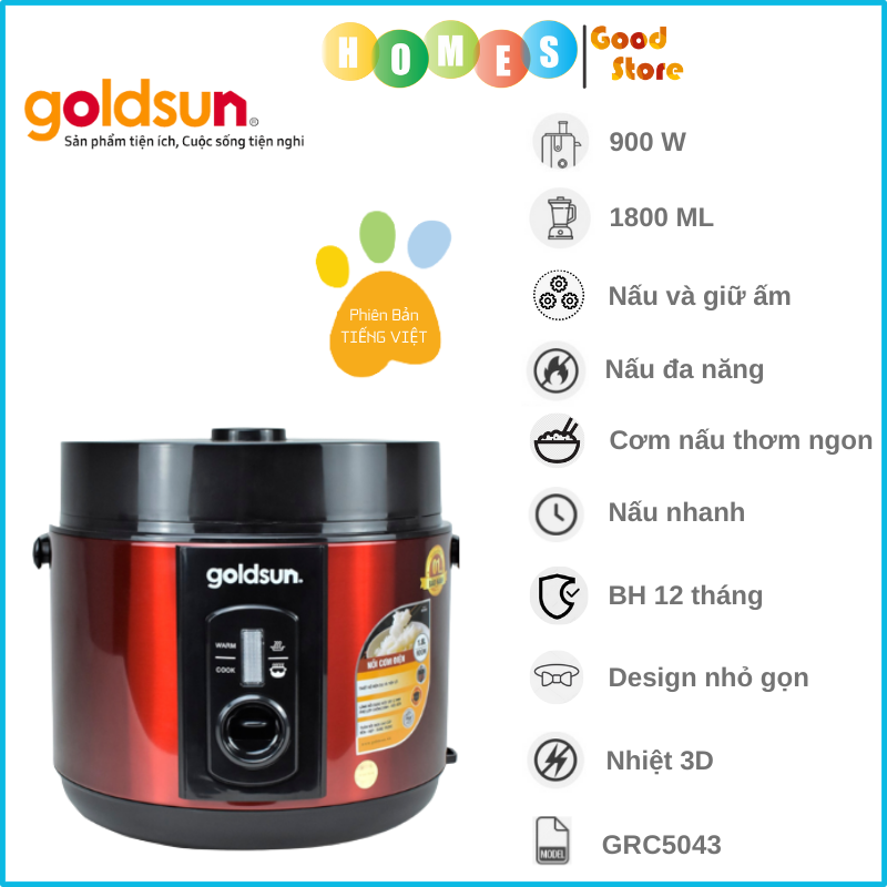 Nồi Cơm Điện Nắp Gài GOLDSUN GRC5043 Lòng Niêu, Phù Hợp Gia Đình 4-6 Người, Dung Tích 1.8L Công Suất 900W - Hàng Chính Hãng