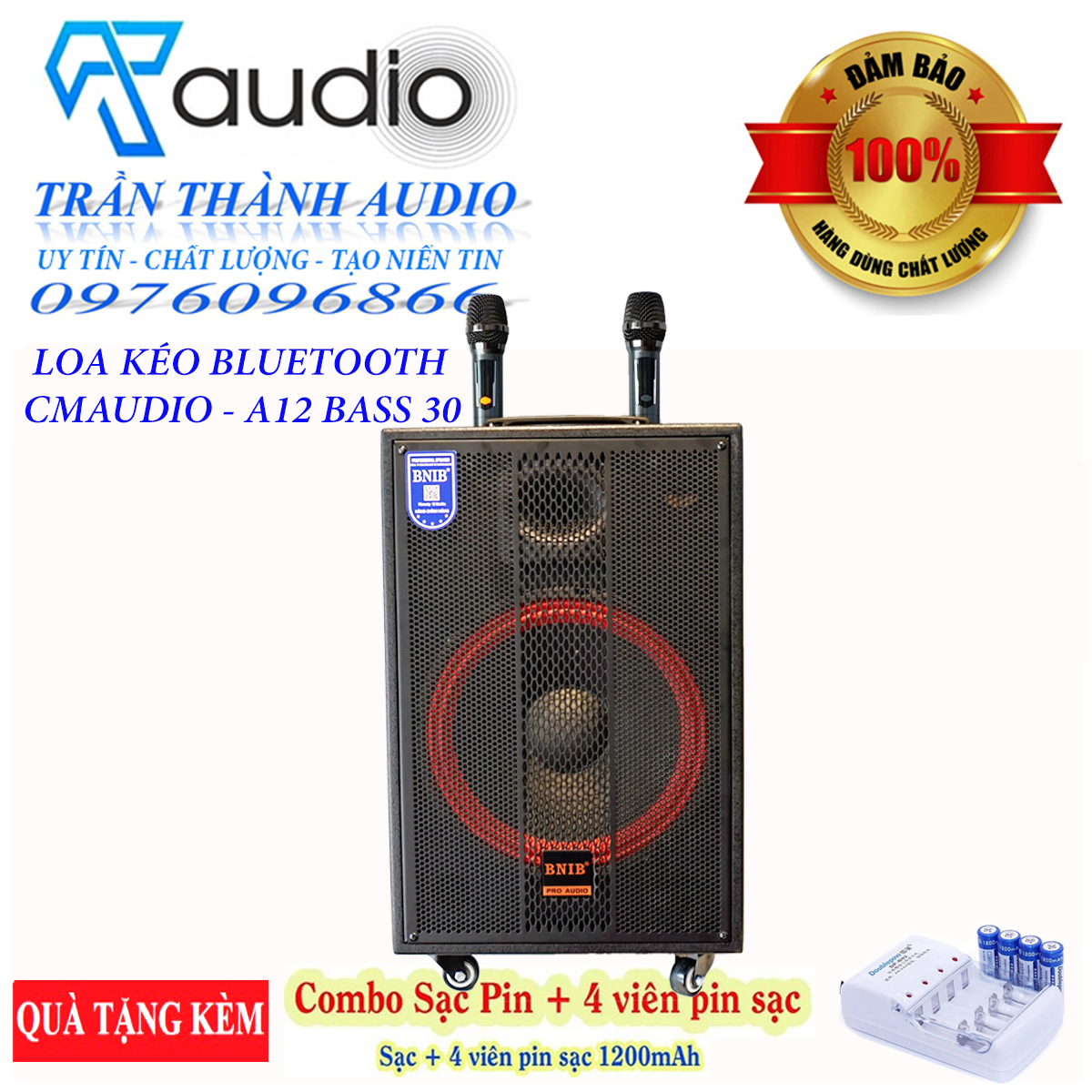 loa kéo karaoke bluetooth BNIB A12 bass 30,hàng chính hãng nhập khẩu  2023,tặng khay sạc pin + 4 viên pin tiểu 1200mah doublepow