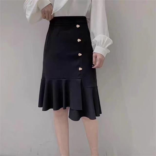 Chân Váy Chữ A Đuôi Cá Lệch Tà Đính Cúc Thời Trang Nữ