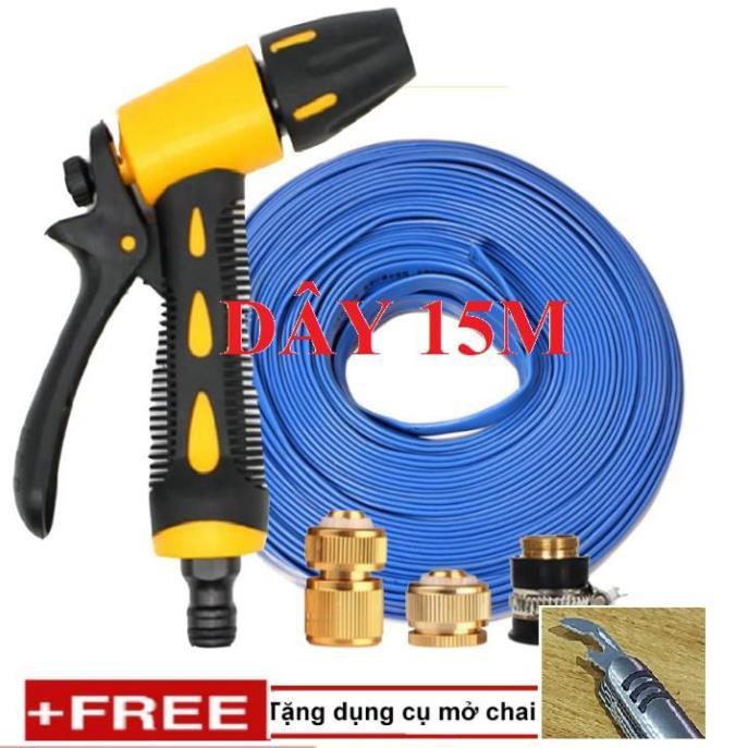 Bộ dây vòi xịt nước rửa xe, tưới cây . tăng áp 3 lần, loại 15m 206319 đầu đồng, cút đồng+ tặng mở chai TL