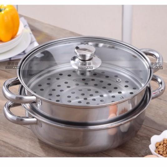 Nồi hấp inox 2 tầng kèm lẩu - vung kính 28cm dùng mọi loại bếp