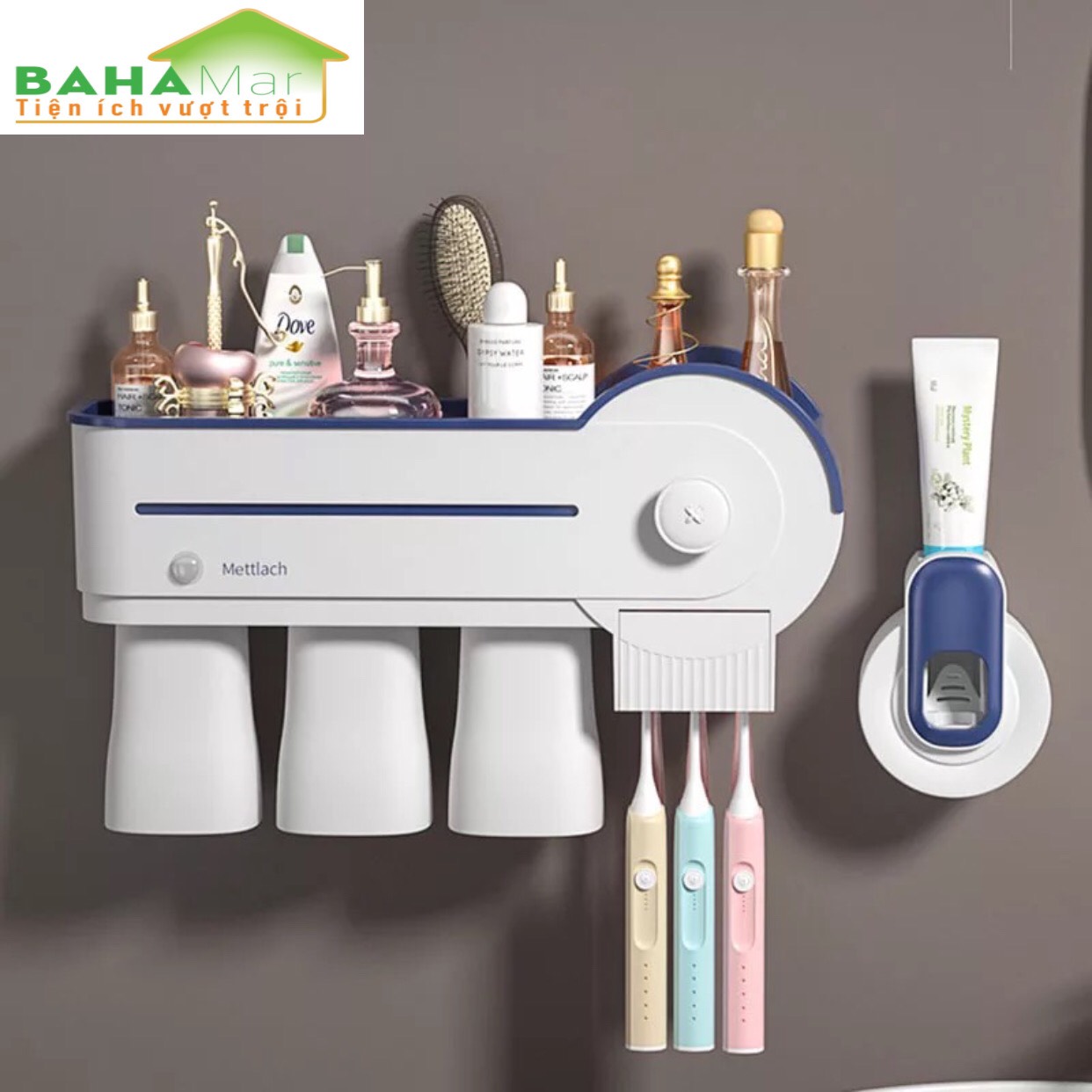 BỘ KỆ THÔNG MINH KHỬ TRÙNG BÀN CHẢI ĐÁNH RĂNG + GIÁ NẶN NHẢ KEM ĐÁNH RĂNG TỰ ĐỘNG "BAHAMAR" thuận tiện, gọn gàng và tiệt trùng tỷ lệ là 99.99% trong vòng 3 phút