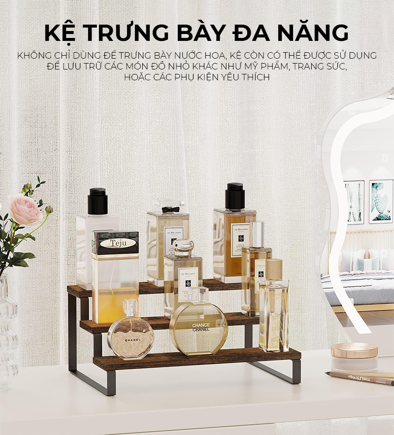 Kệ trưng bày 3 tầng để mỹ phẩm, nước hoa, để mô hình mini chất liệu khung sắt mặt gỗ chắc chắn thương hiệu IGA - GM214