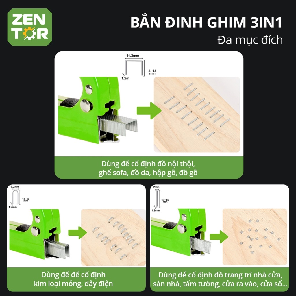 Súng bắn đinh ghim trợ lực 3in1 Zentor Cao Cấp - Máy bắn ghim gỗ, ghim dây điện, ghim cửa đa năng