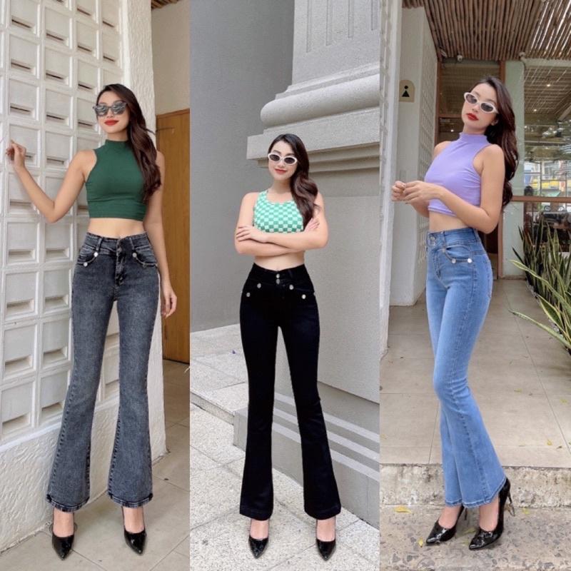 Quần Jeans Nữ Ống Loe Dài Viền Nút Túi Co Giãn Thờ Trang