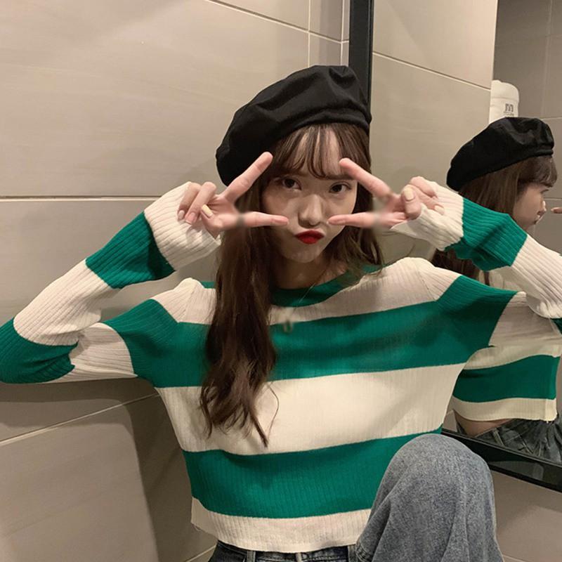 Áo len rộng họa tiết sọc tay dài chống nắng thời trang nữ