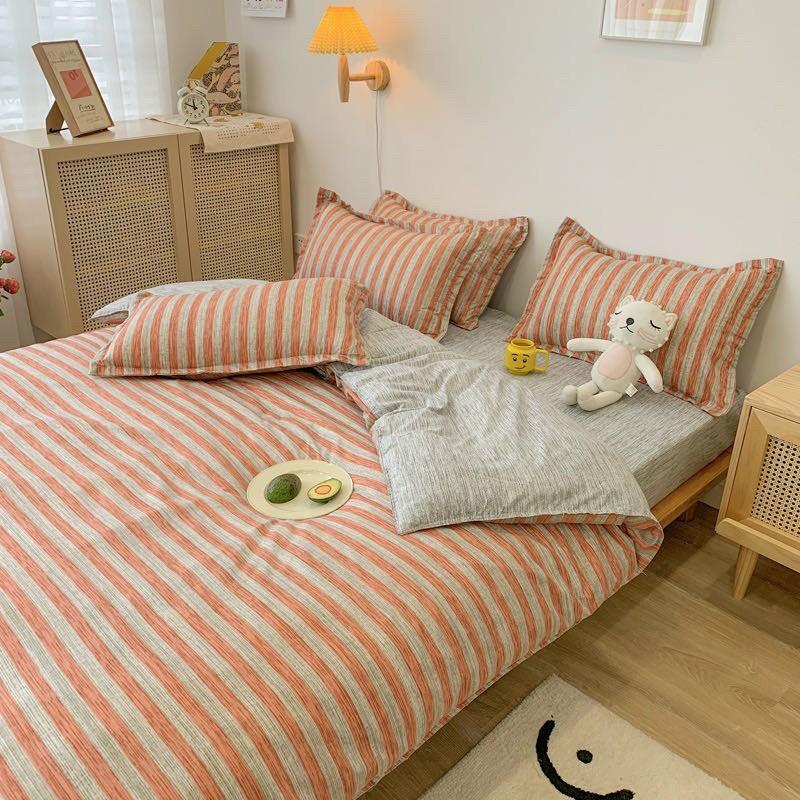 Bộ chăn ga Cotton Poly M2T bedding chăn ga Hàn Quốc họa tiết đỏ sọc đủ size miễn phí bo chun