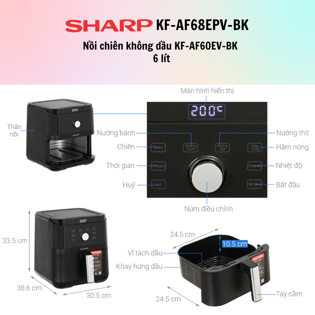 Nồi chiên không dầu Sharp KF-AF68EPV-BK 6.8 lít (điều khiển cảm ứng)  / Nồi chiên không dầu Sharp KF-AF60EV-BK 6 lít  (điều khiển cảm ứng, núm vặn) - Hàng Chính Hãng - Bảo Hành 12 Tháng