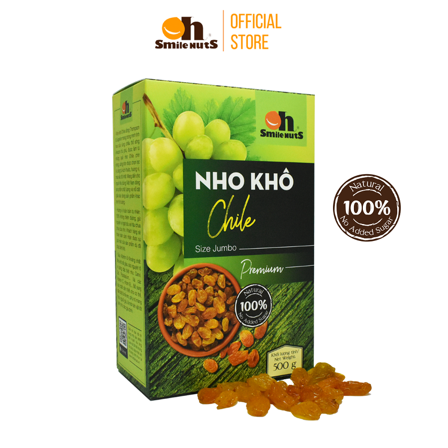 Nho Khô Không Hạt Smile Nuts Hộp 500g - Nho khô vàng nhập khẩu từ Chile, 100% không đường và chất bảo quản