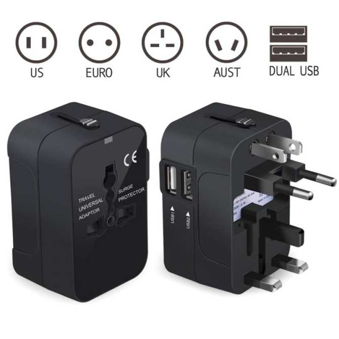 Ổ Cắm Điện Loại Chuyển Đổi Đa Năng - Phích Cắm Tiêu Chuẩn US, EURO, UK, AUST - Có 2 Cổng USB (Dual USB) - Phù Hợp Cho Những Chuyến Công Tác Và Du Lịch Nước Ngoài